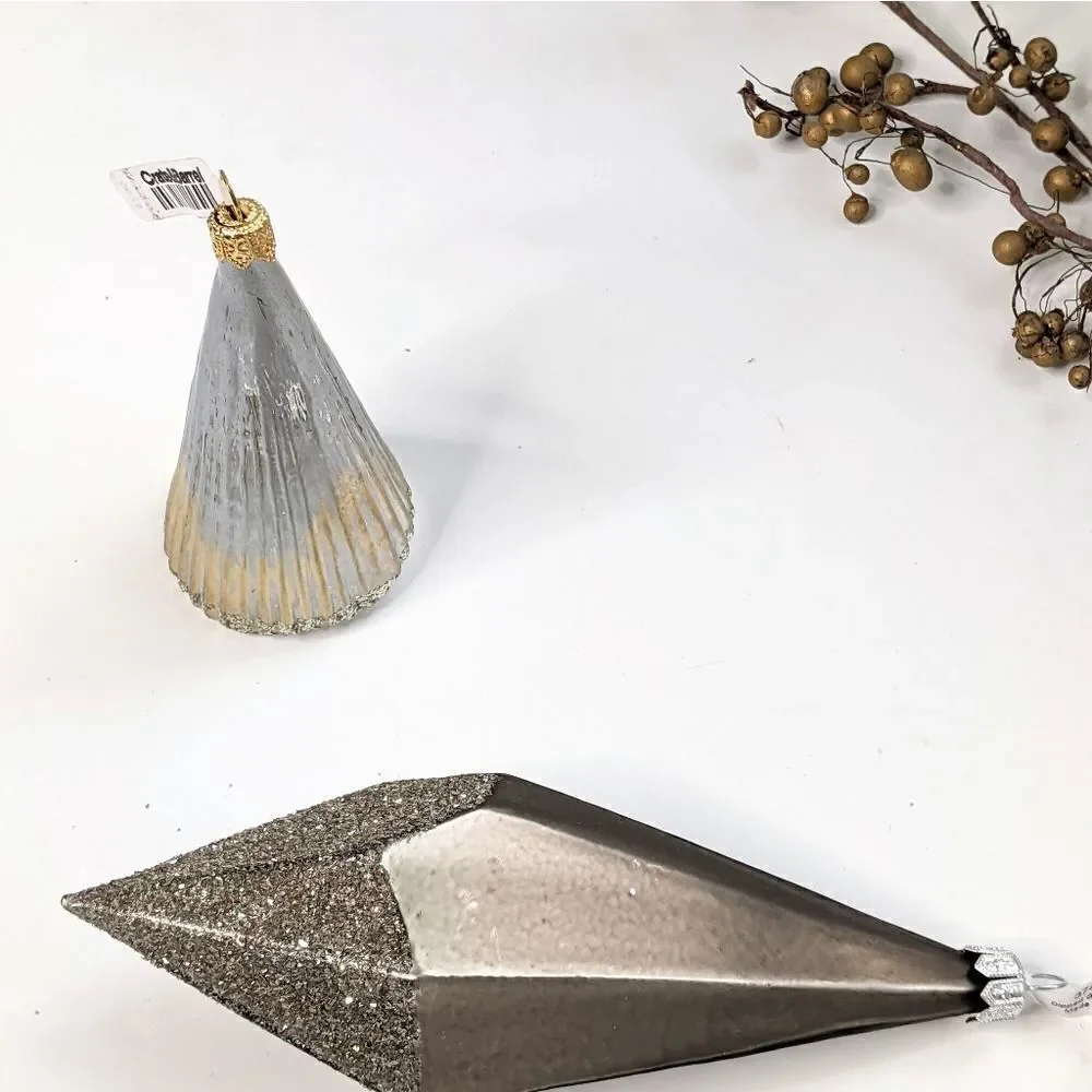 Crate& Barrel Set Of Two (2) Modern Mixed Metal Christmas Ornaments